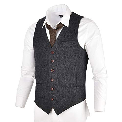 VOBOOM Herren Slim Fit Tweed Anzug Premium Weste aus Wollmischung mit Fischgrätmuster MEHRWEG