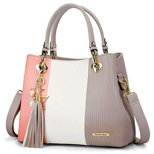 Pomelo Best Damen Handtasche Mehrfarbig gestreift Umhängetasche Shopper Tote Henkeltasche (Rosa)
